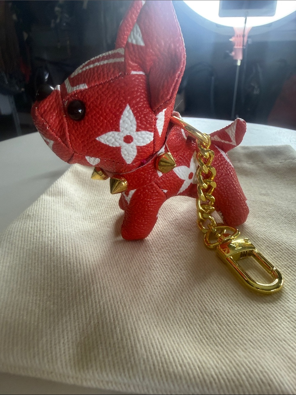 Mini Designer-Inspired Red Dog Charm Keychain with Gold Hardware